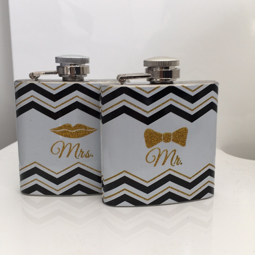 2 small Mr and Mrs flasks
